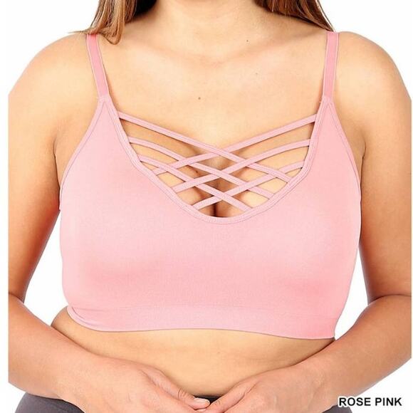 1X/2X Rose Pink Front V Lattice Bralette + bra padding adjustable straps Zenana - Picture 15 of 15